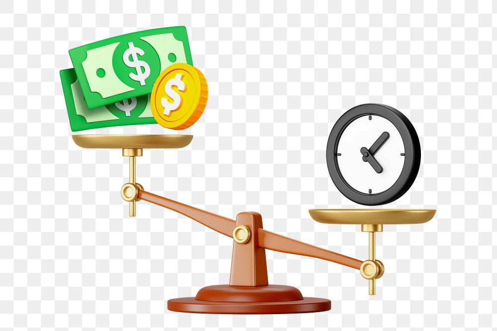 Time & money png weighing on scales, 3D remix, transparent background