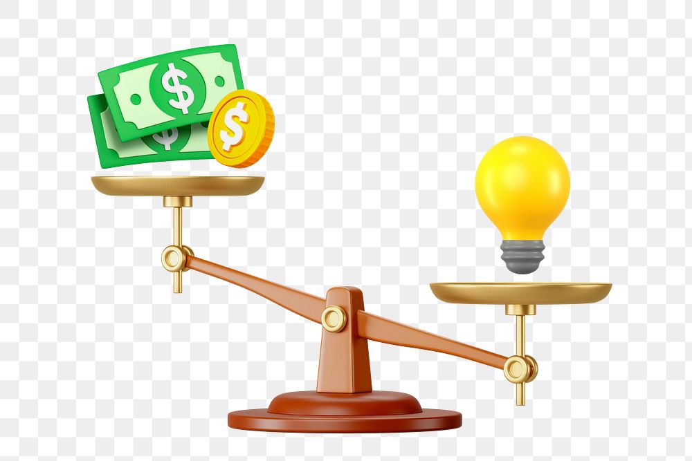 Money & light bulb png weighing on scales, 3D remix, transparent background