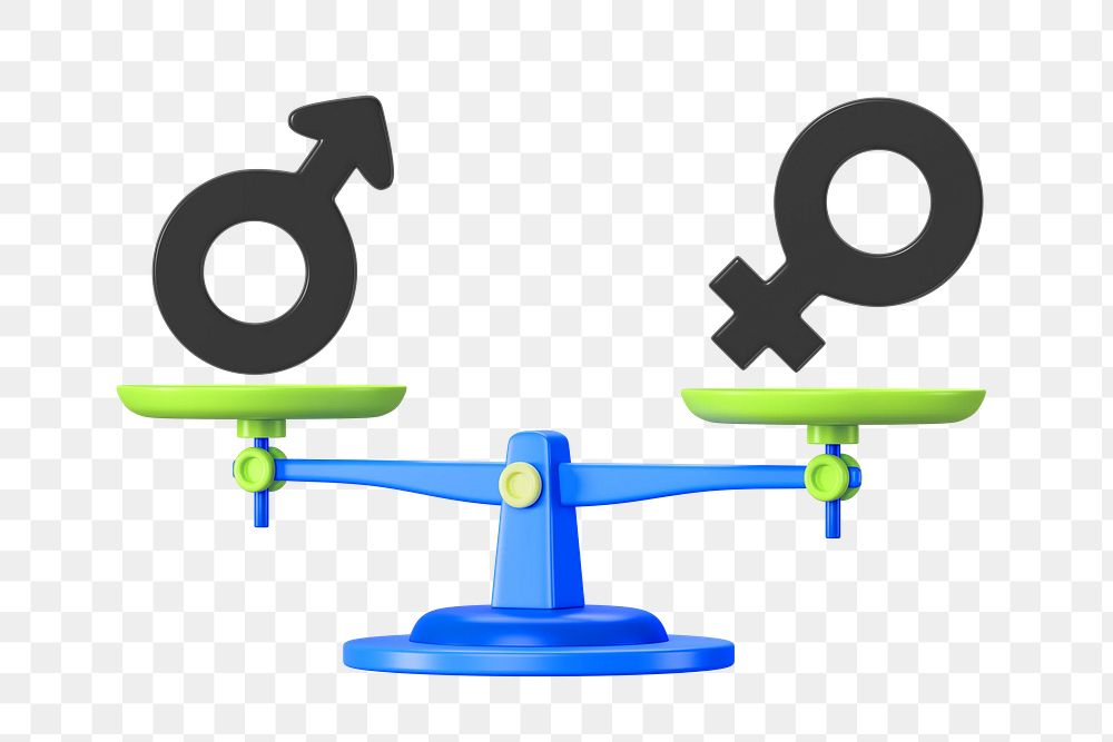 Gender equality png, scale weighing male & female gender symbol, transparent background