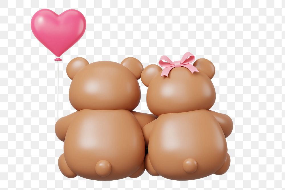 Couple teddy bears png, 3D Valentine's illustration, transparent background