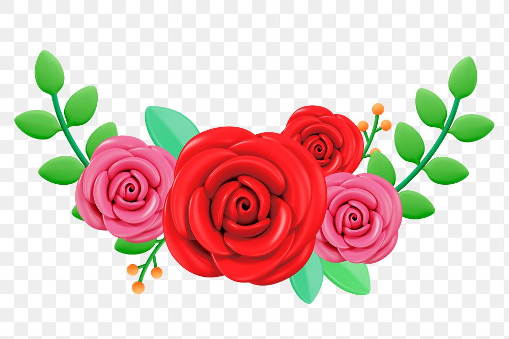 Colorful rose flowers png, 3D illustration, transparent background