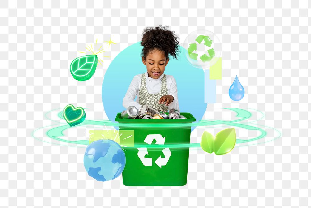 Kid recycling garbage png, 3D environment remix, transparent background