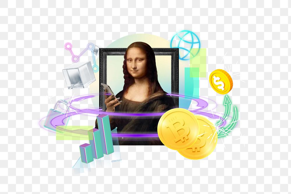 Mona Lisa png holding smartphone, cryptocurrency 3D design, transparent background. Remixed by rawpixel.
