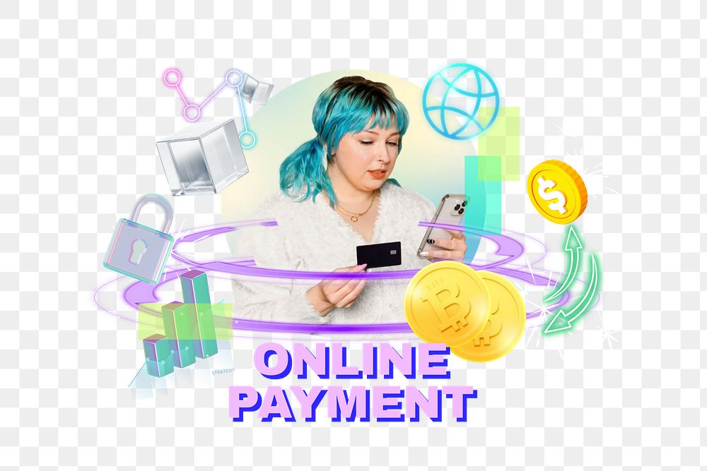 Online payment png word, digital remix in neon design