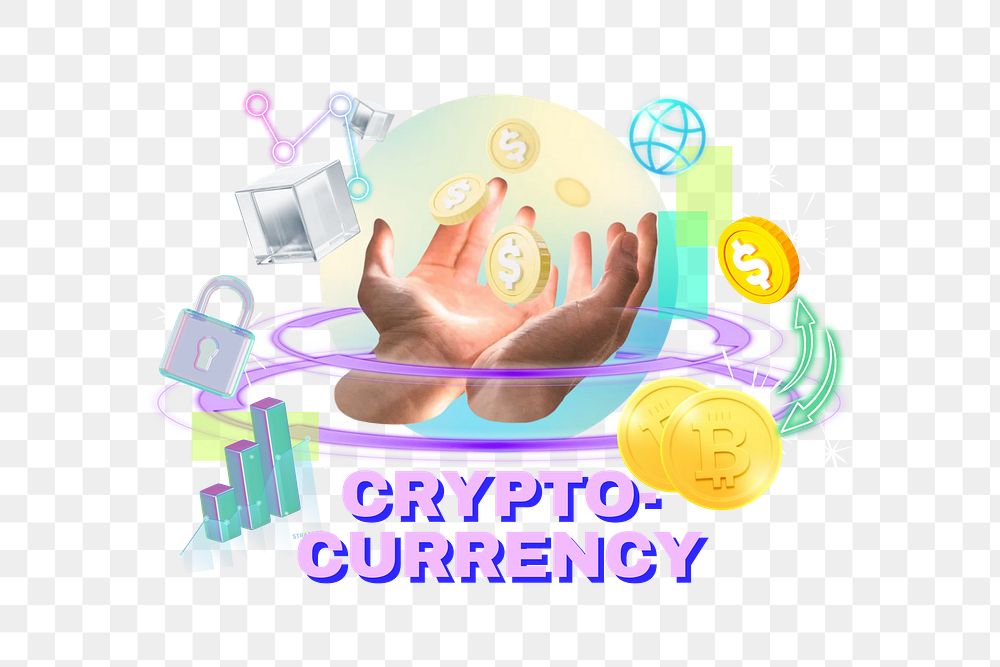 Cryptocurrency png word, finance remix in neon design