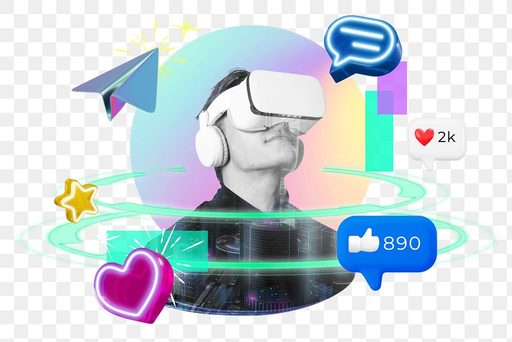 Social media reactions png, man wearing VR, digital remix, transparent background