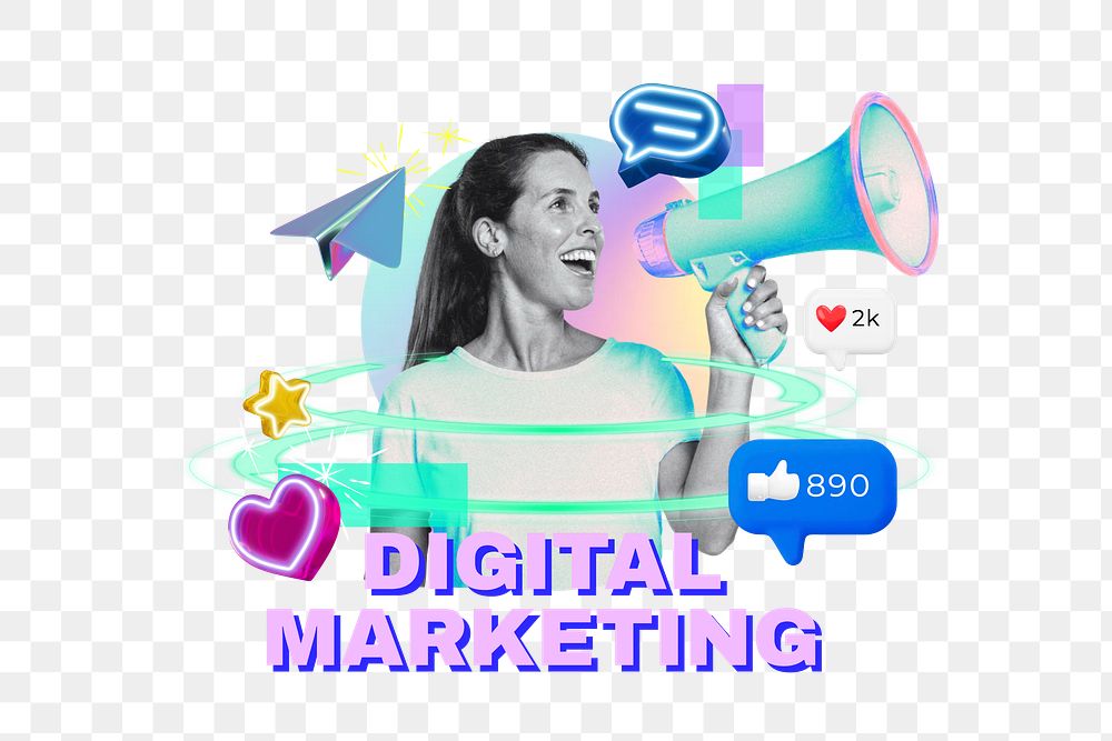 Digital marketing png word, technology remix in neon design