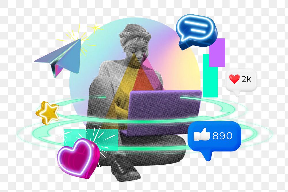 Woman png using laptop, digital marketing remix, transparent background