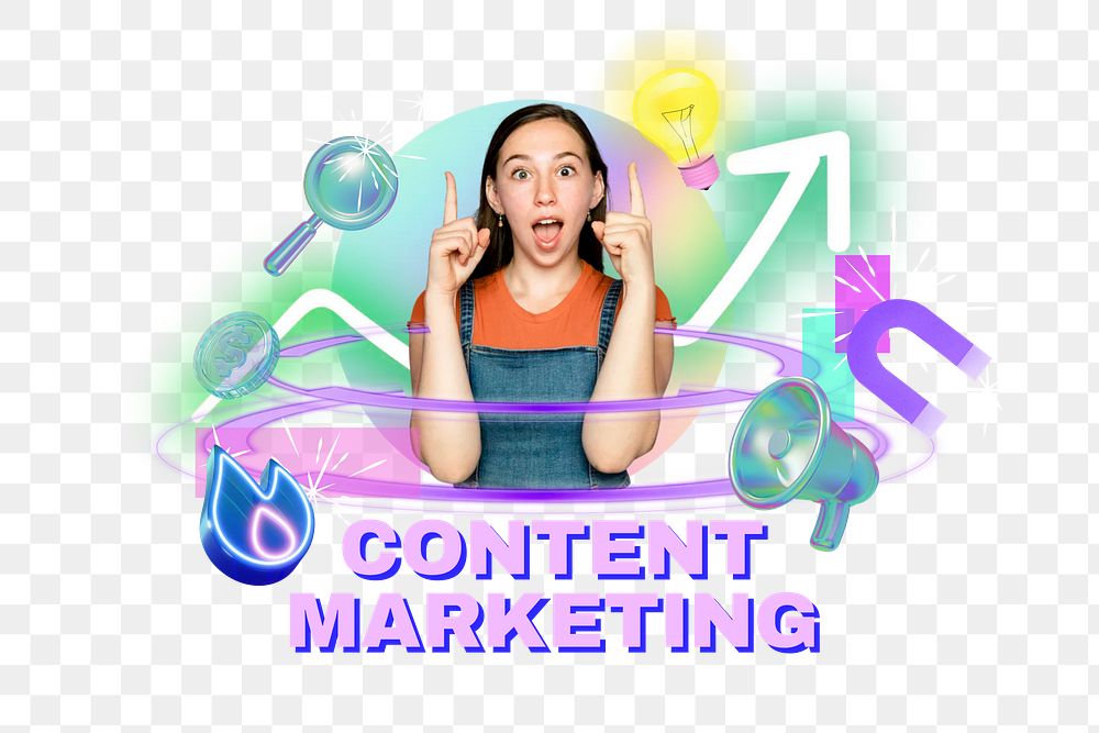 Content marketing png word, digital remix in neon design