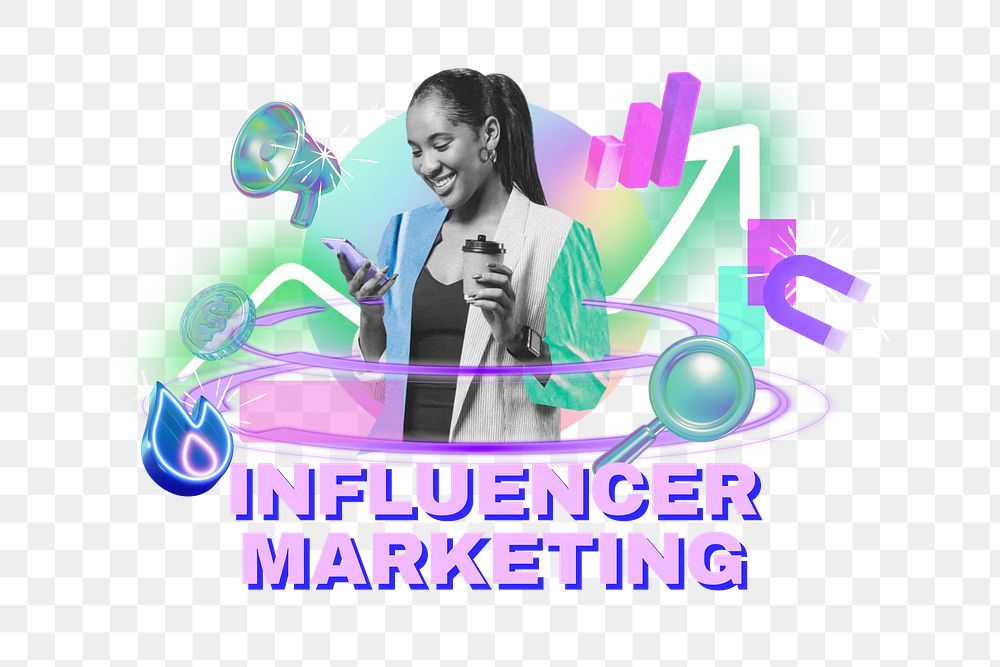 Influencer marketing png word, digital remix in neon design