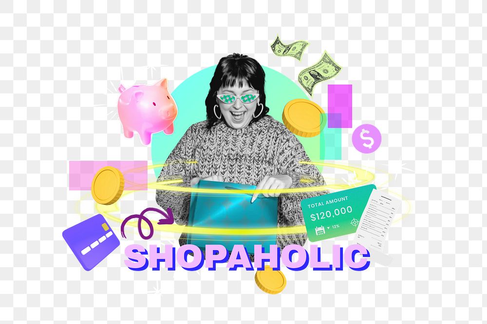 Shopaholic png word, finance remix in neon design