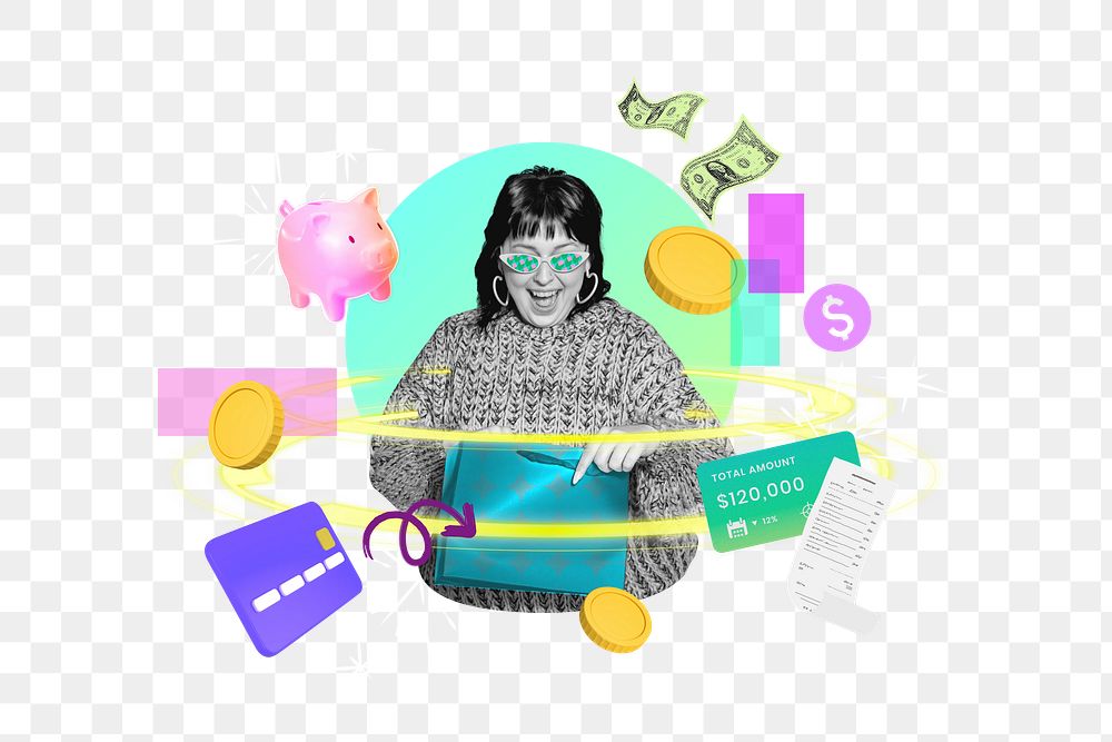 Shopaholic woman png, digital finance remix, transparent background