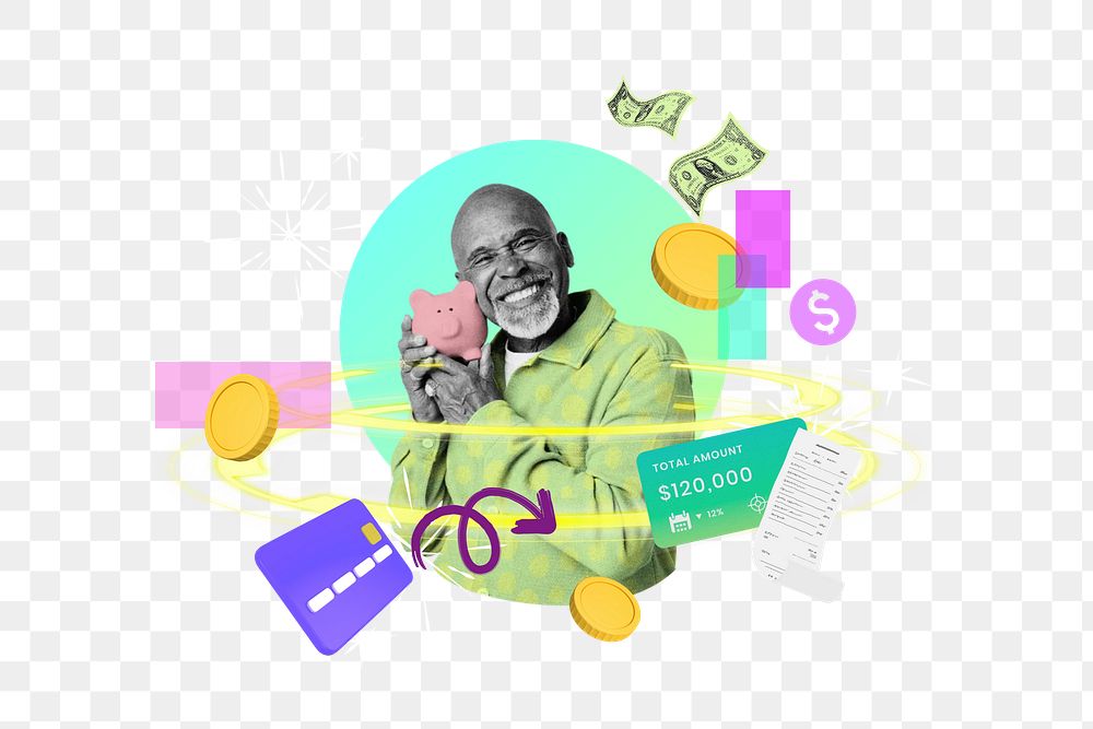 Online bill payment png, happy man with piggy bank, finance remix, transparent background