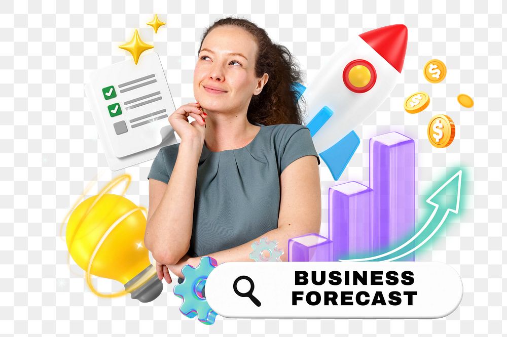 Business forecast png word element, 3d remix, transparent background