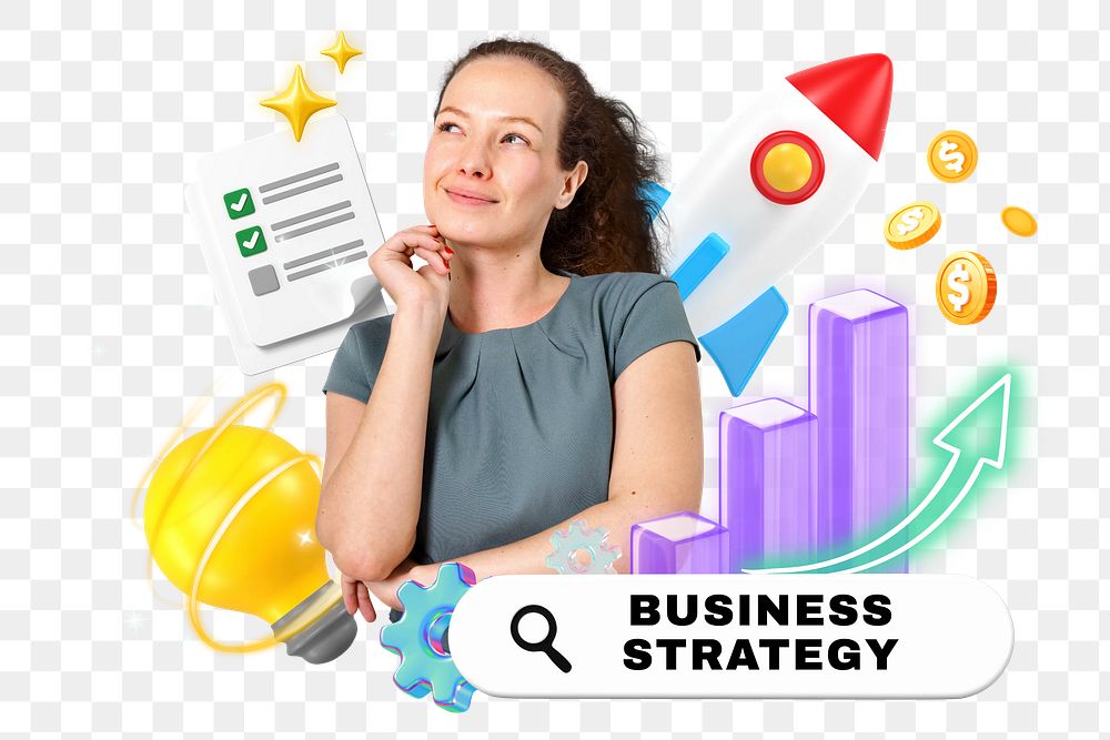 Business strategy png word element, 3d remix, transparent background