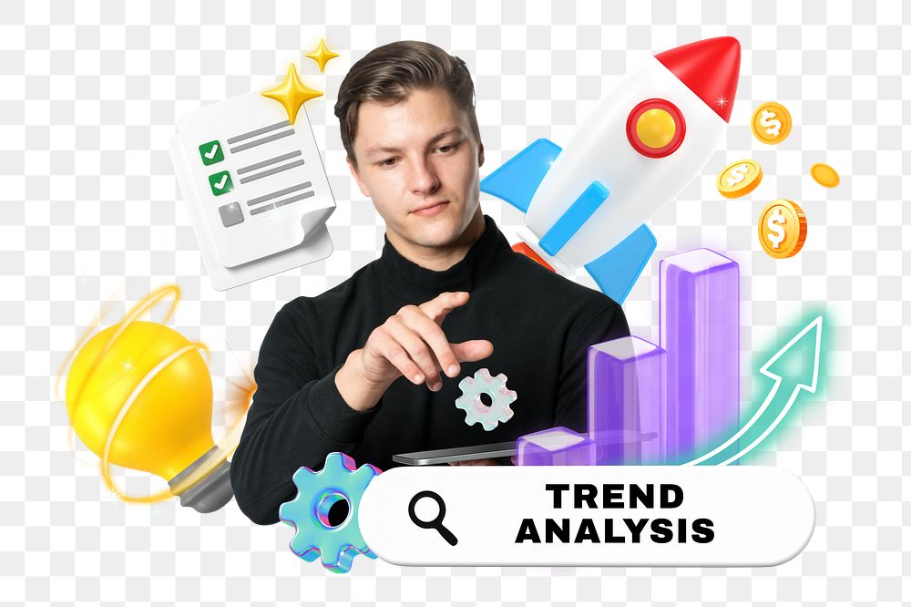Trend analysis png word element, 3d remix, transparent background