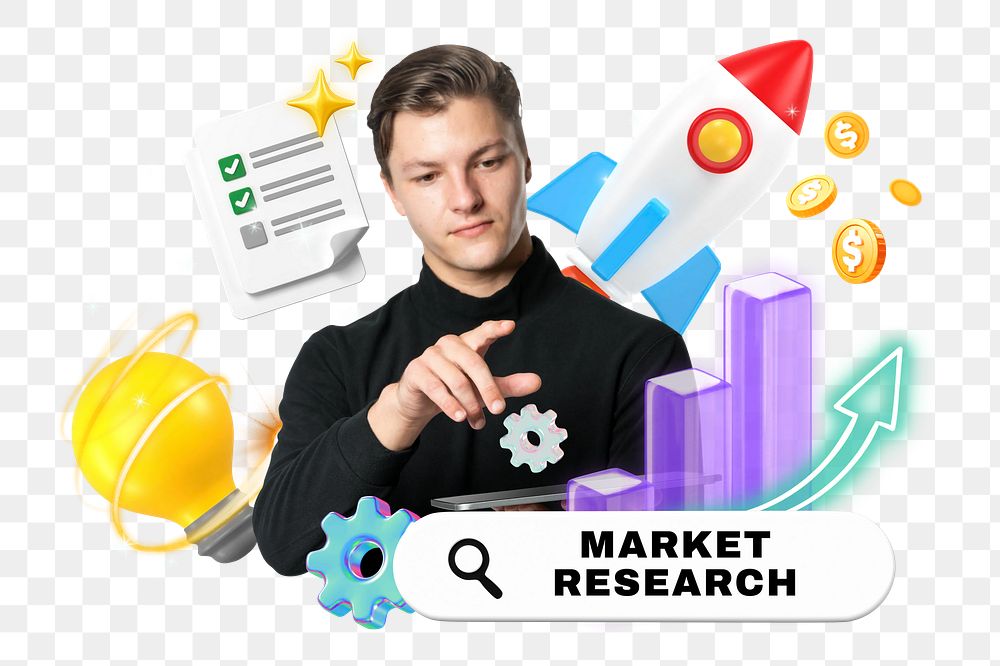 Market research png word element, 3d remix, transparent background