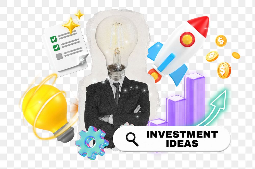 Investment ideas png word element, 3d remix, transparent background