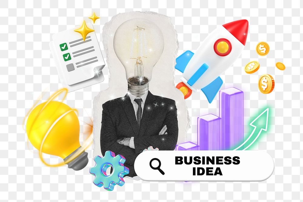 Startup business idea png word element, 3d remix, transparent background