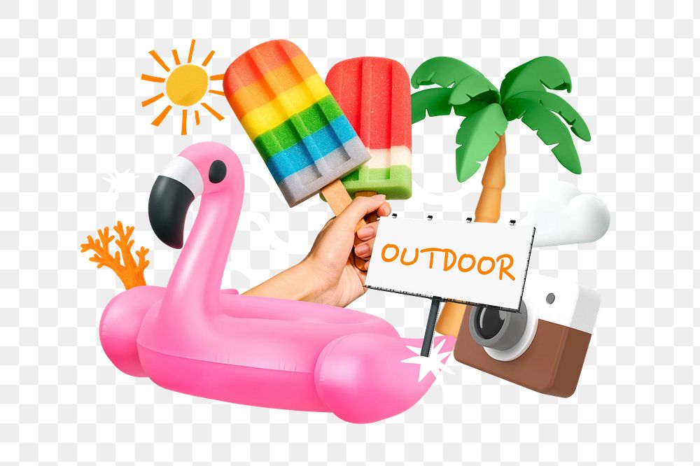 Summer outdoor activities png word element, 3D collage remix, transparent background