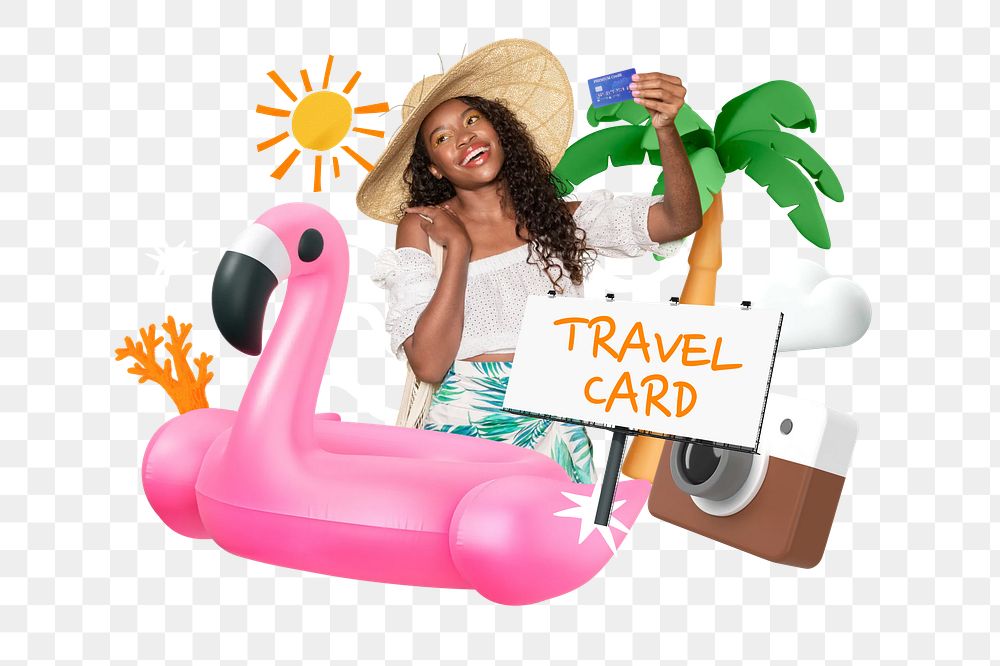 Travel card png word element, 3D collage remix, transparent background
