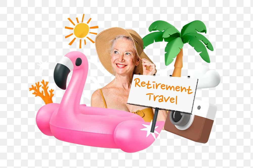 Retirement travel png word element, 3D collage remix, transparent background