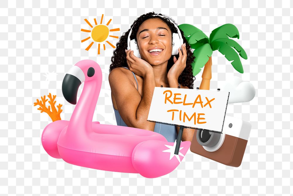 Summer relax time png word element, 3D collage remix, transparent background