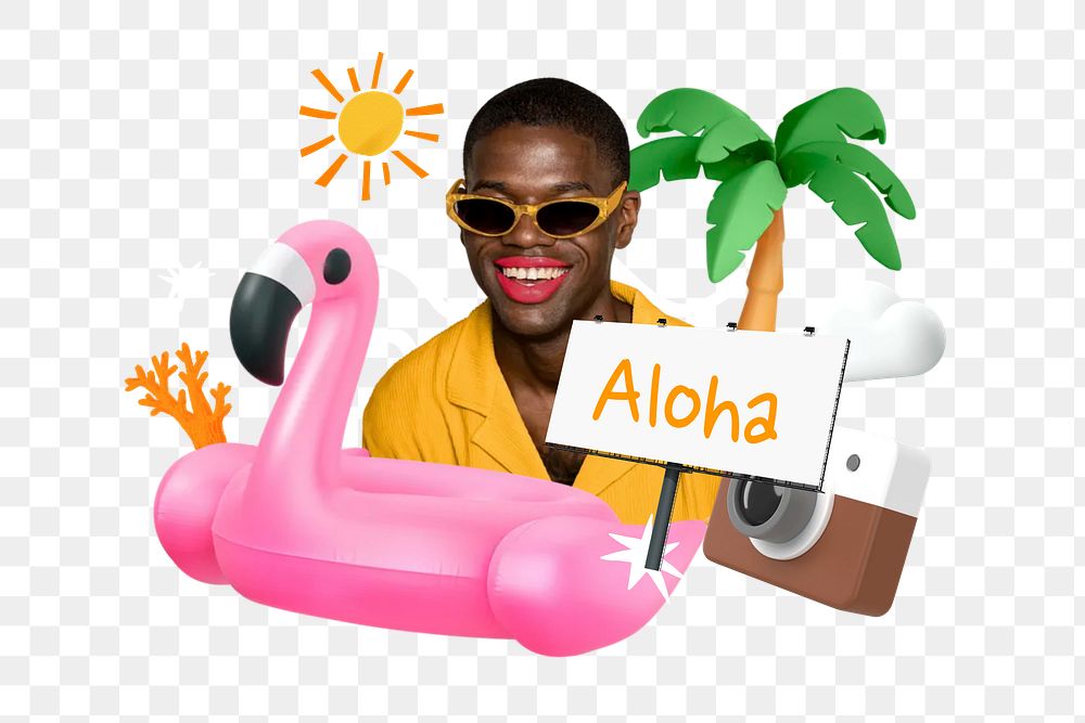 Aloha summer png word element, 3D collage remix, transparent background
