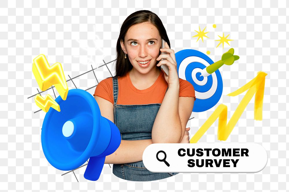 Customer survey png word element, 3d remix, transparent background
