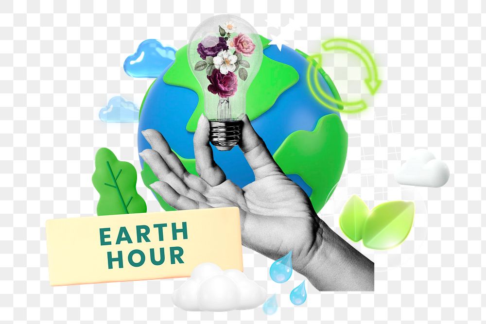 Earth hour png word element, 3d remix, transparent background
