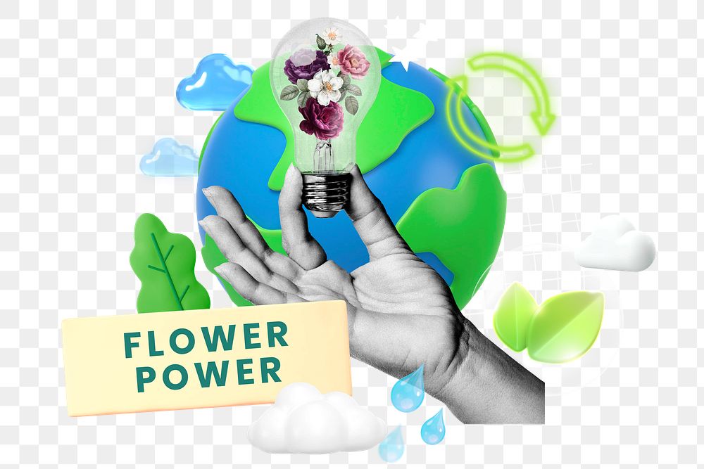 Flower power png word element, 3d remix, transparent background
