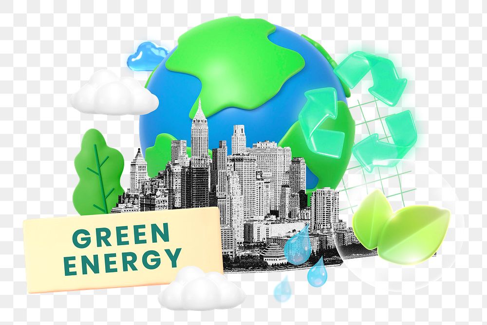 Green energy png word element, 3d remix, transparent background