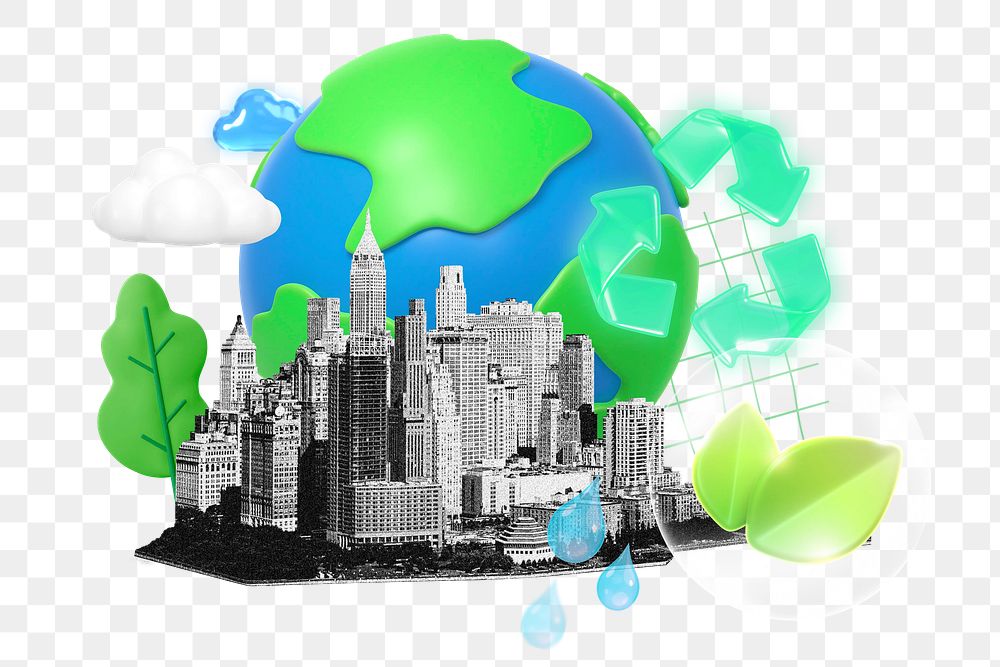 3D eco city png collage remix element, transparent background