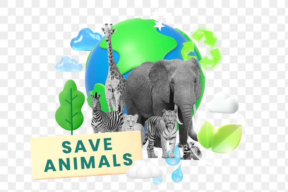 Save animals png word element, 3d remix, transparent background