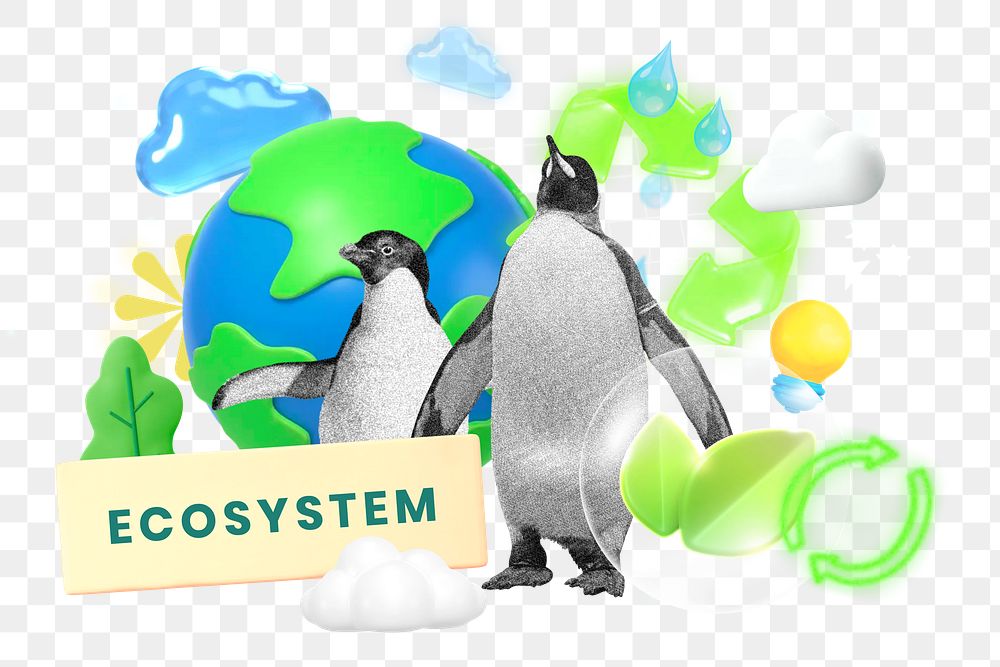 Ecosystem, penguin png word element, 3d remix, transparent background