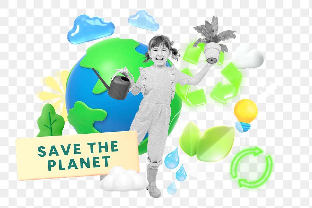 Save the planet png word element, 3d remix, transparent background