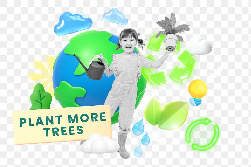 Plant more trees png word element, 3d remix, transparent background