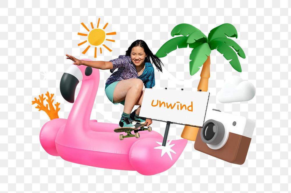 Unwind, summer vacation png word element, 3D collage remix, transparent background