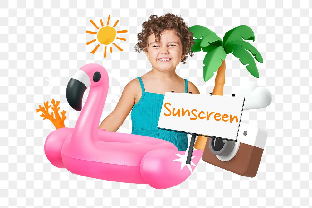 Sunscreen for kids png word element, 3D collage remix, transparent background