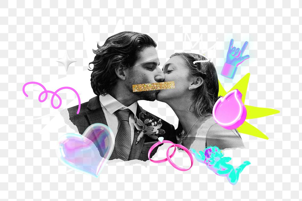 Couple kissing png collage remix, transparent background
