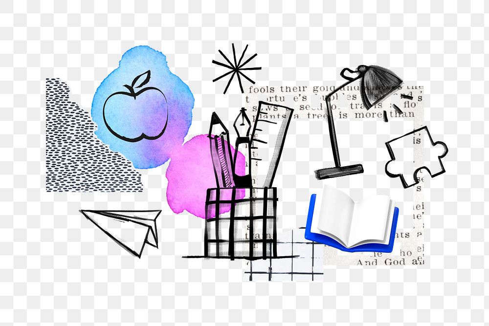 School stationery png, education doodle remix, transparent background