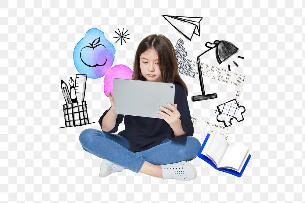 Girl using tablet png, education doodle remix, transparent background