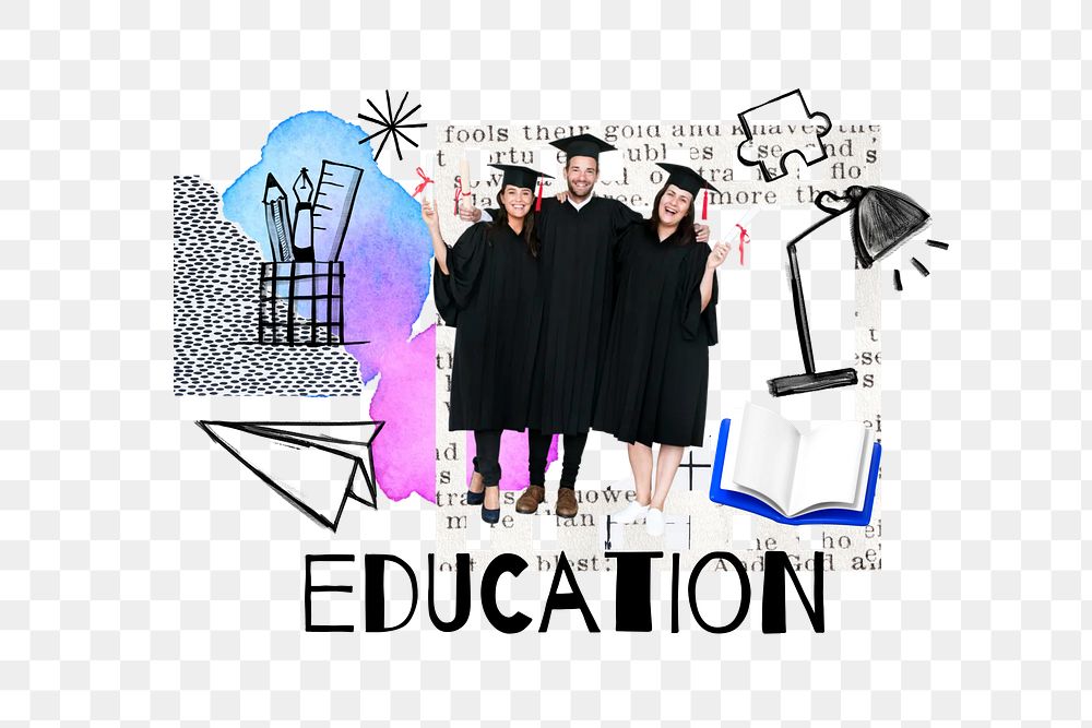 Education word png, people in regalia remix, transparent background