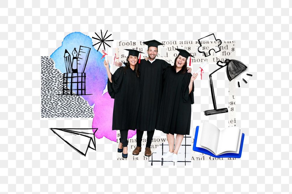 Cheerful diverse graduates png, education doodle remix, transparent background