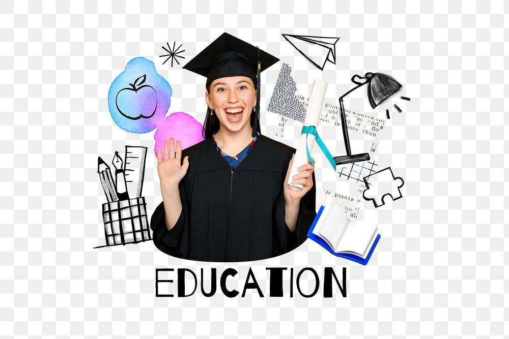Education word png, cheerful graduate woman remix, transparent background