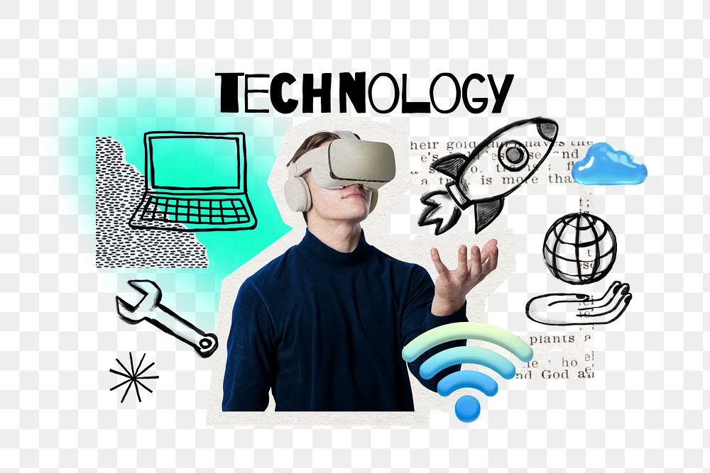 Technology png word, man using VR remix, transparent background