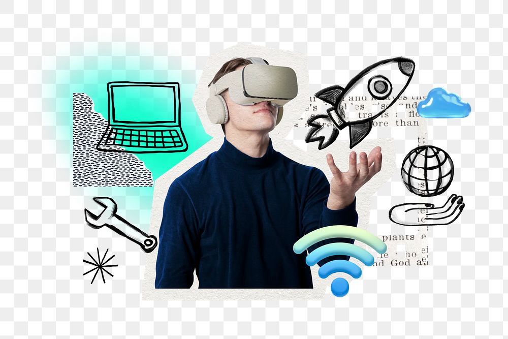 Man using VR png, technology doodle remix, transparent background