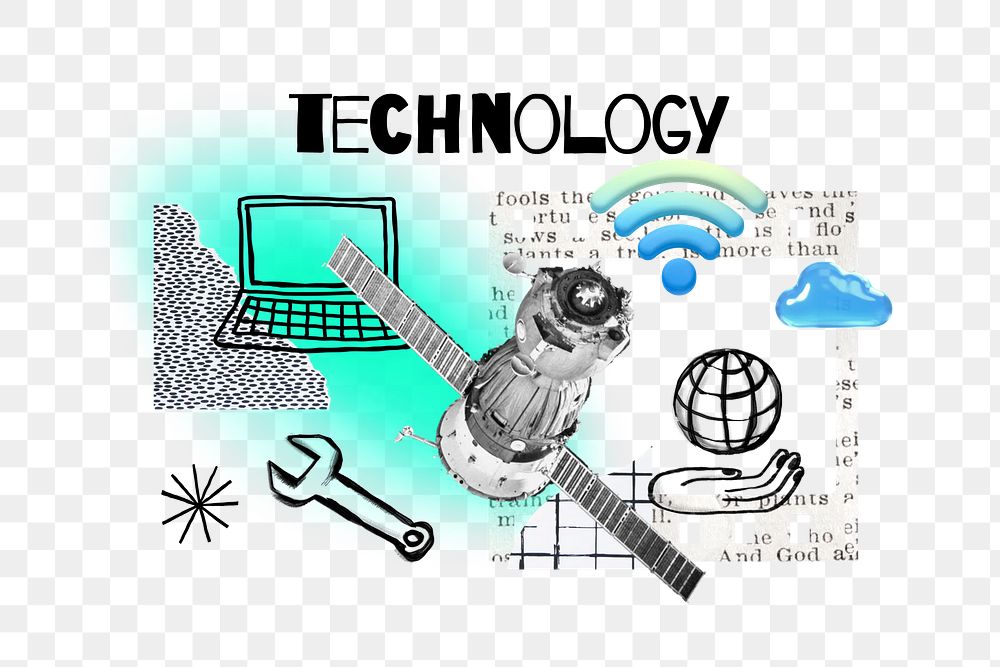 Technology png word, communication satellite remix, transparent background