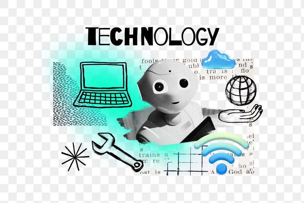 Technology png word, AI robot remix, transparent background