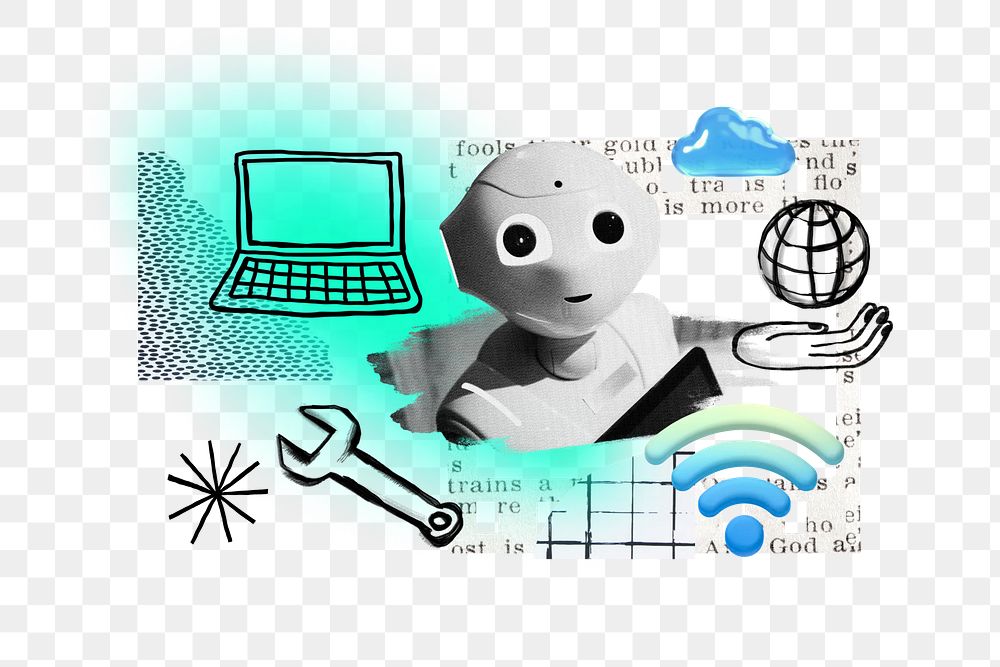 AI robot png, technology doodle remix, transparent background